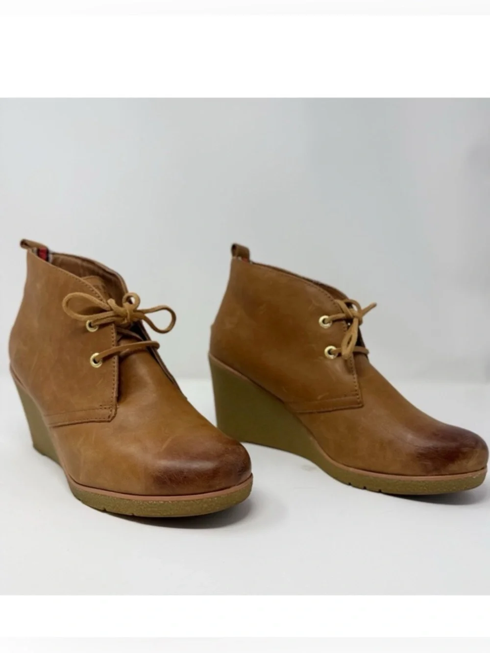 Sperry Harlow Burnished Wedge Booties Brown Leather Lace Up Ankle Boots Size 9